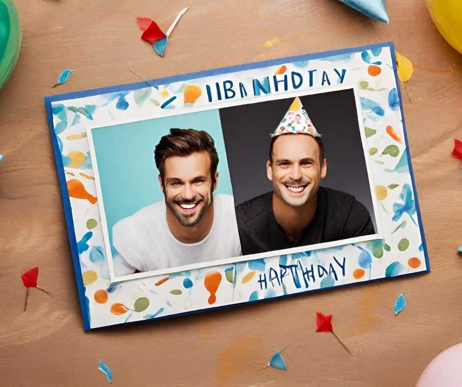 Fiúknak születésnapi köszöntők. A képen kettő férfi és egy boldog születésnapi üdvözlőlap, amelyen egy "Boldog születésnapot" felirat látható.