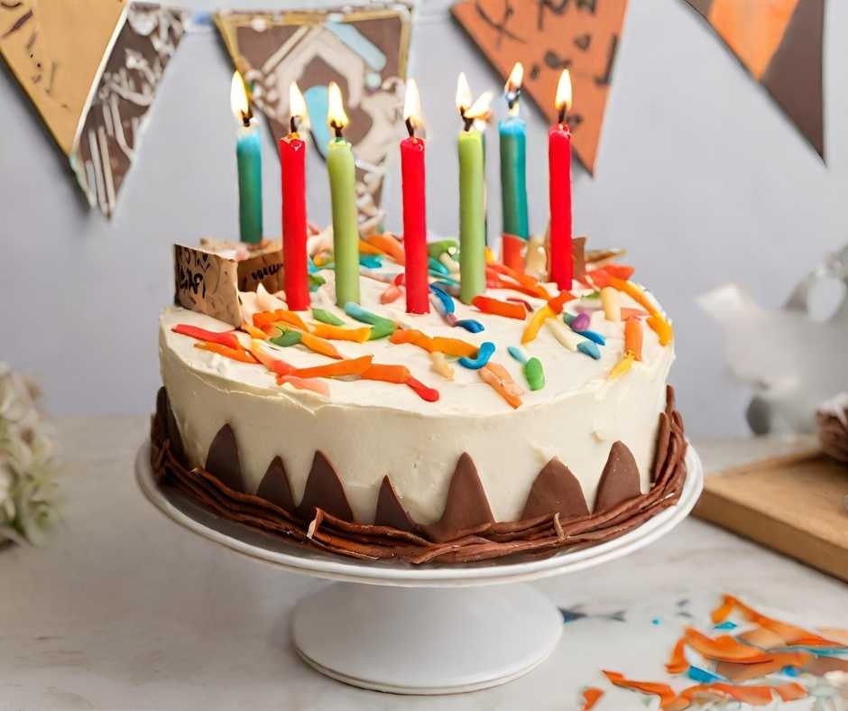 Köszöntő férfiaknak boldog születésnapot férfiaknak. Születésnapi torta fehér asztalon, 11 gyertyával és cukorkákkal körülvéve.