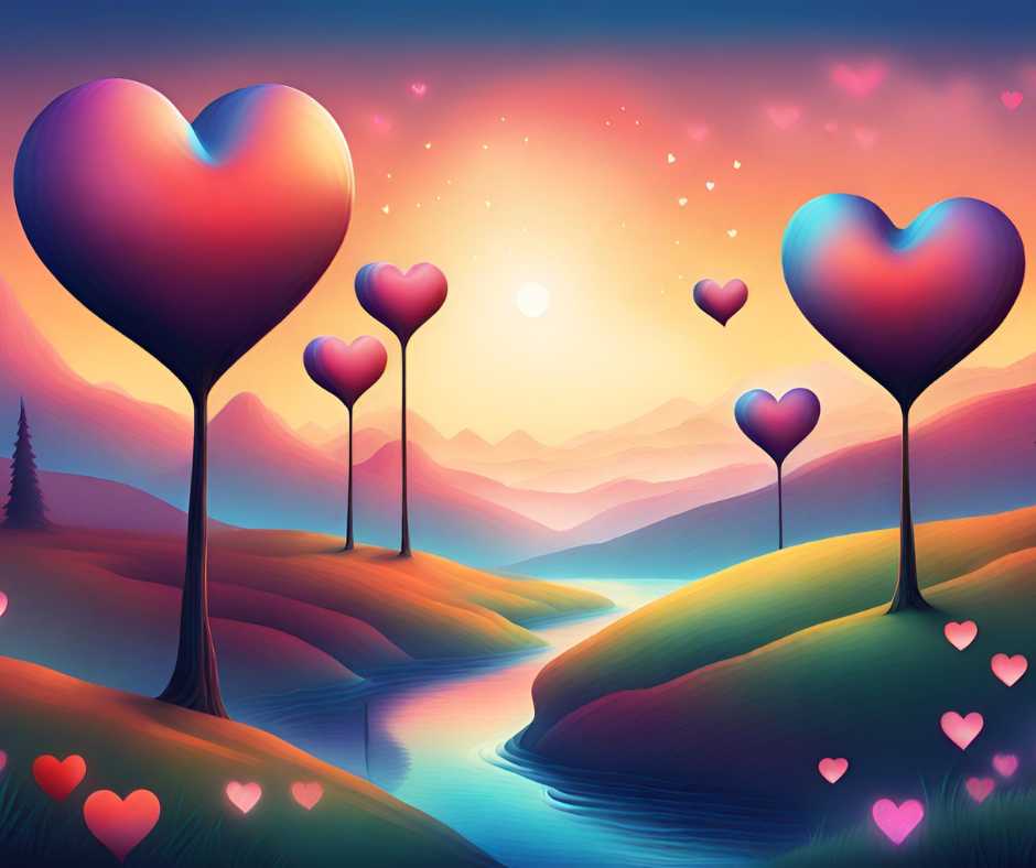 Azert mert szeretlek. Egy festmény, amely egy völgyet ábrázol, ahol a fák szív alakúak.