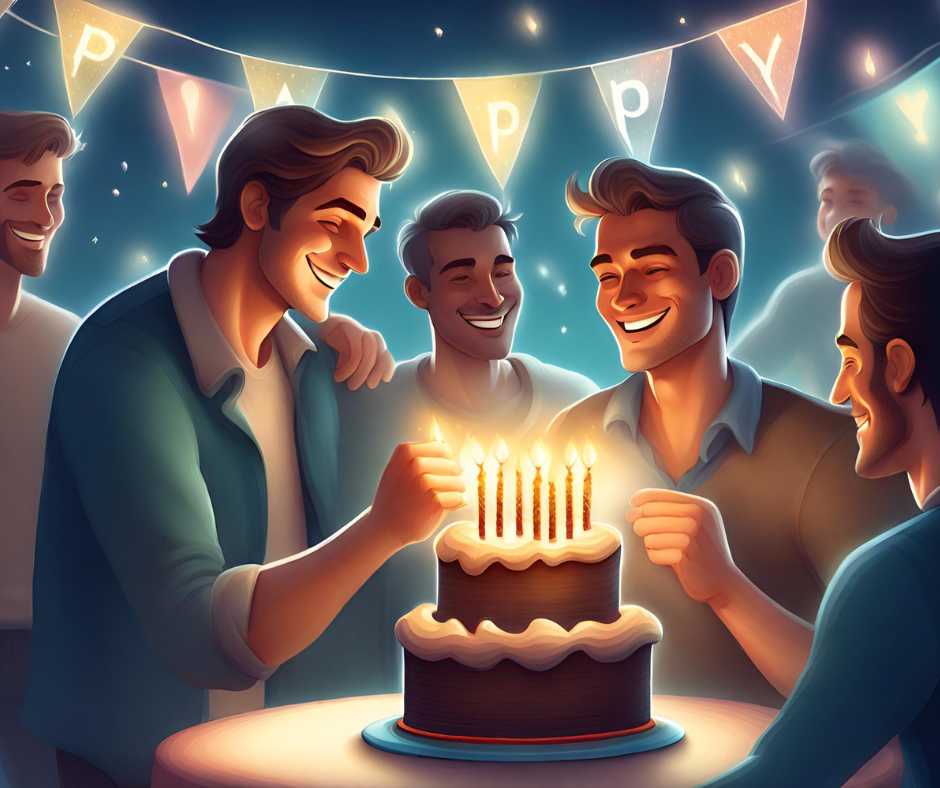 Boldog születésnapot férfiaknak. A képen egy csoport férfi látható, akik egy születésnapi tortát tartanak. A torta tetején egy felirat látható, amelyen a következő szerepel: "Boldog születésnapot, Pasi!" A férfiak különböző korúak és hátterűek, de mindannyian mosolyognak és boldogok. A képen egy asztal is látható, amelyen italok és ételek vannak elhelyezve.
