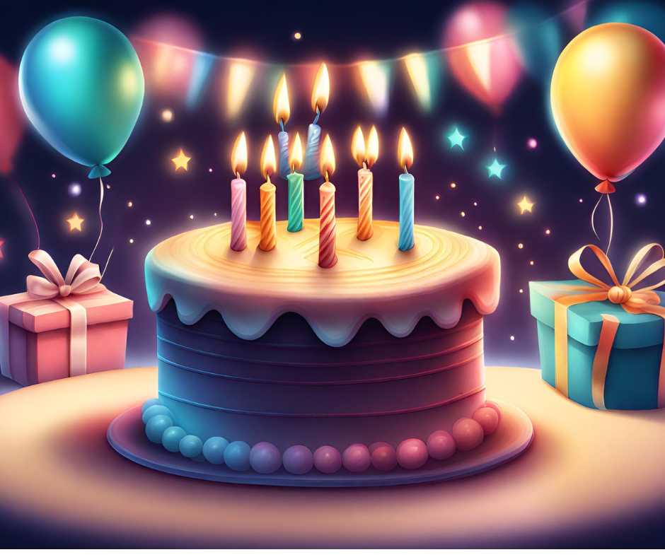 Boldog születésnapot idézetek. A képen egy születésnapi torta látható, egy gyertyával a tetején, amelyen a következő felirat áll: "Boldog születésnapot!". A torta mellett ajándékok és lufikat láthatunk. A kép egy születésnapi ünnepséget örökít meg.