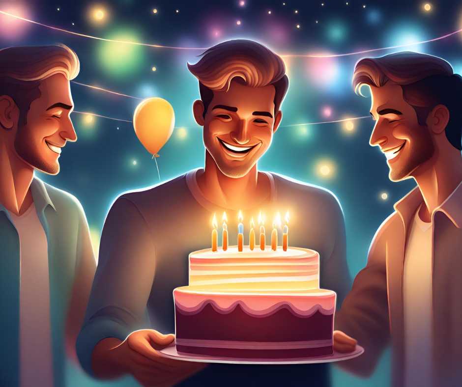 Boldog születésnapot kívánok férfiaknak. Egy baráti társaság egy férfi születésnapját ünnepli. A férfiak egy torta körül állnak, amelyen egy "Boldog születésnapot" felirat látható.