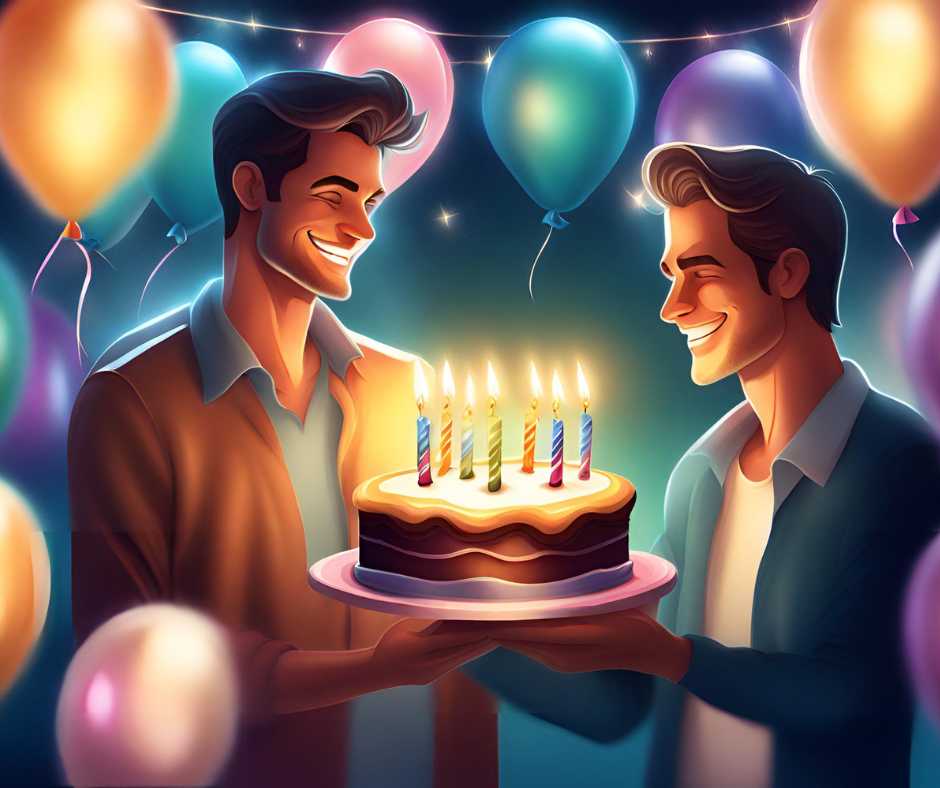 Boldog születésnapot kívánok. A fotón két férfi látható, akik egy születésnapi tortát tartanak. A férfiak egyike sötét ruhát visel, fehér ingben és nyakkendőben, míg a másik világos ruhát visel, kék inggel és zöld nyakkendővel. A férfiak mindketten mosolyognak, és a torta előtt állnak. A torta kétszintes, és színes gyertyákkal van díszítve. A képen egy asztal is látható, amelyen egy tál és egy pohár van.