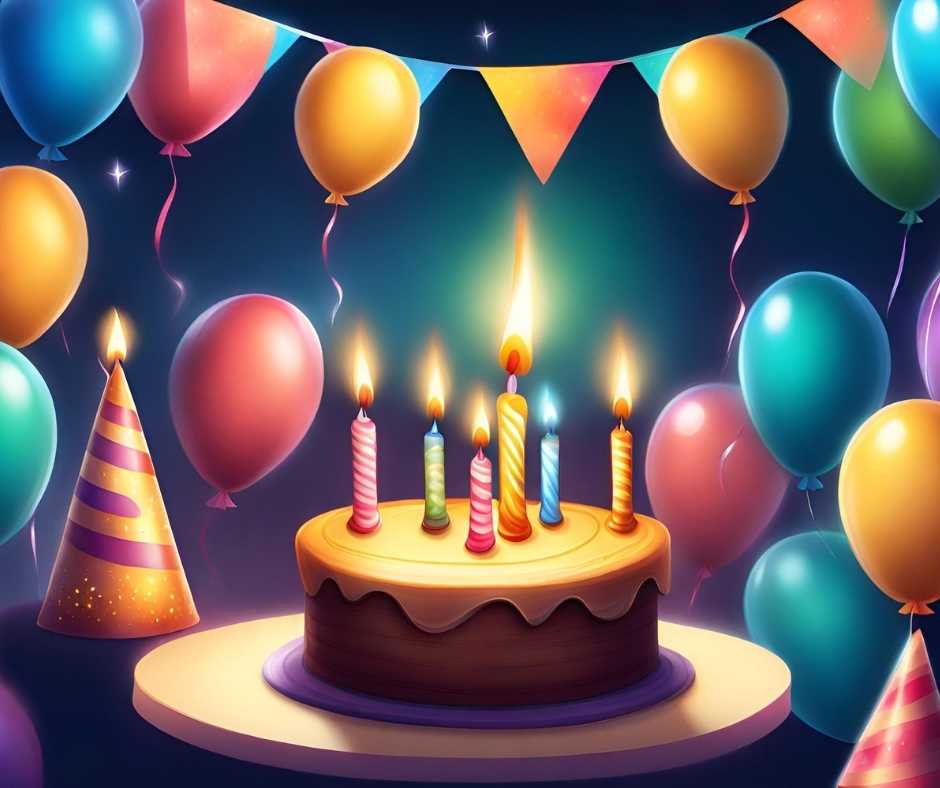 Boldog születésnapot vicces. Egy születésnapi torta, amelyet számos lufi vesz körül. A torta fehér, és piros, rózsaszín és kék gyertyák égnek rajta. A torta valószínűleg egy gyermek születésnapjára készült.