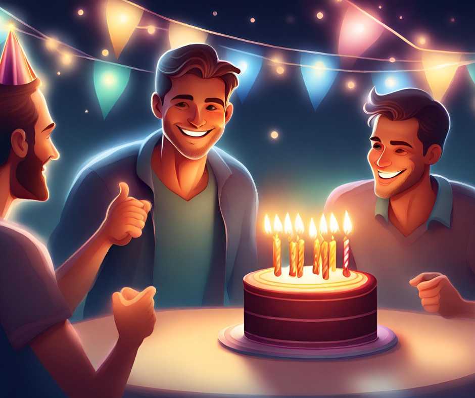 Boldog szülinapot férfiaknak. Egy csoport férfi egy születésnapi ünnepségen. A férfiak egy asztal körül ülnek egy tortával. A torta kétszintes, és színes gyertyákkal van díszítve. A férfiak közül néhányan mosolyognak, míg mások komolyak.