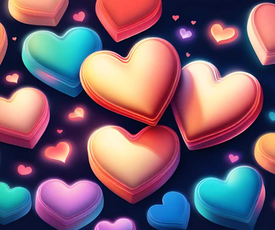 Igaz örök szerelem idézetek. Egy asztalon lévő színes szívek halmaza egy lila háttér előtt.