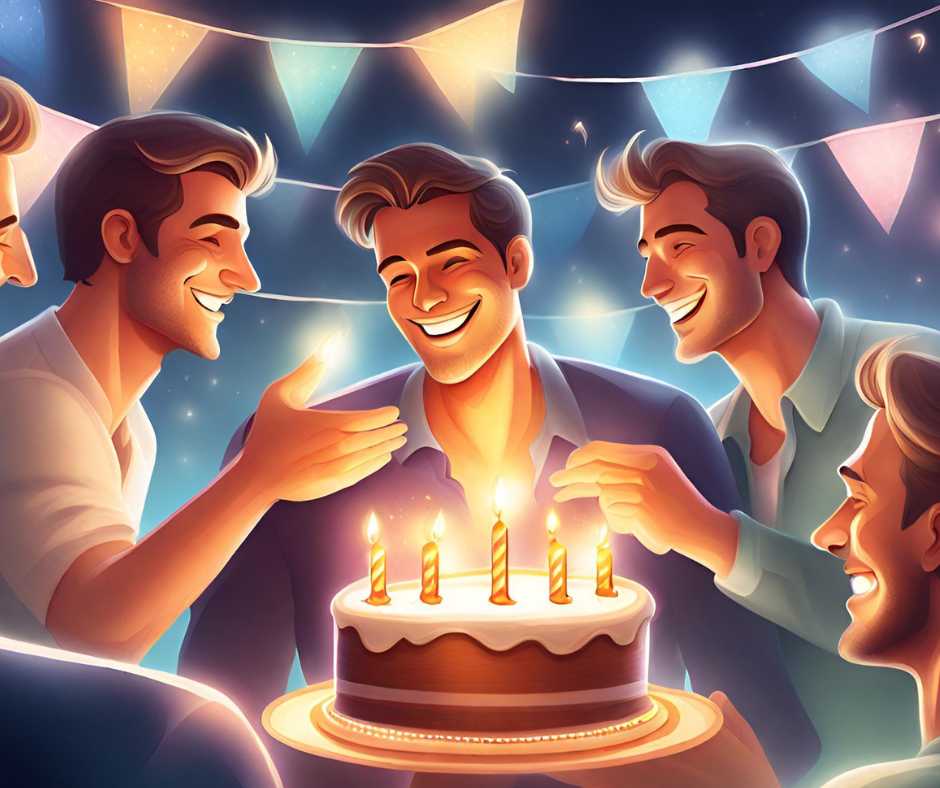Születésnapi köszöntő férfiaknak. Egy csoport férfi mosolyogva tartja egy férfi születésnapi tortáját. A háttérben lufikat és más születésnapi díszeket helyeztek el.
