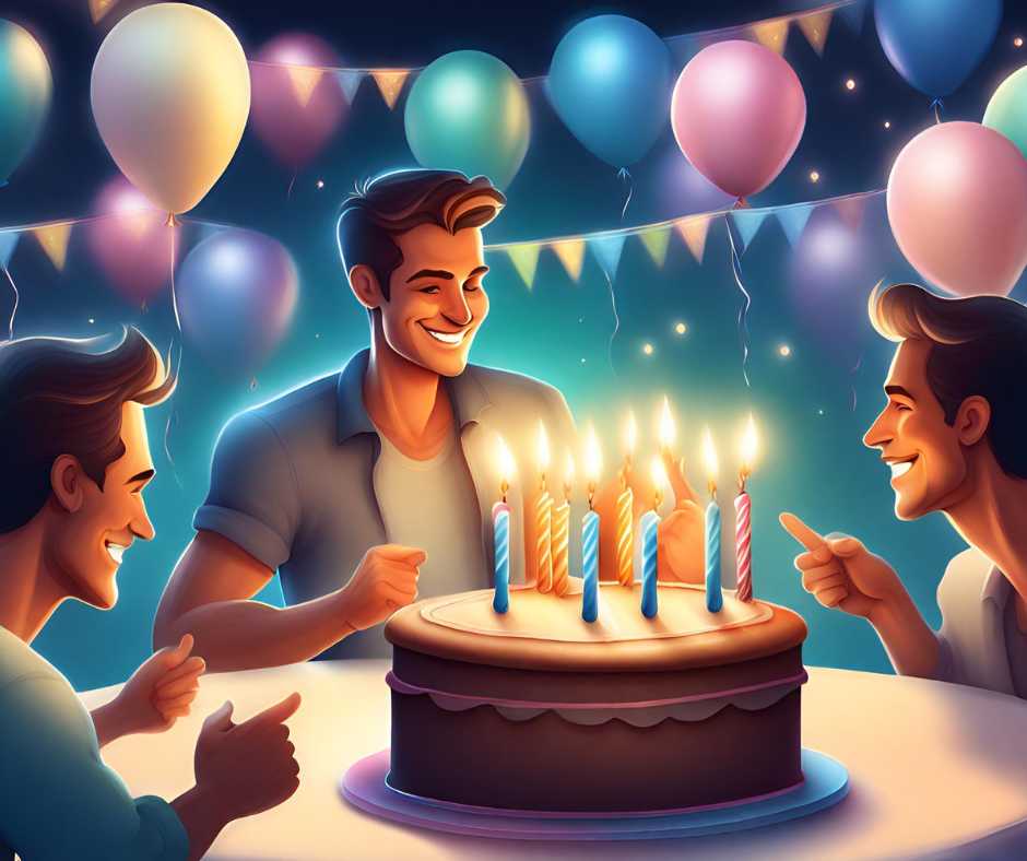 Köszöntő férfiaknak boldog születésnapot férfiaknak. Öt férfi mosolyogva tartja egy férfi születésnapi tortáját. A háttérben lufikat és más születésnapi díszeket helyeztek el.