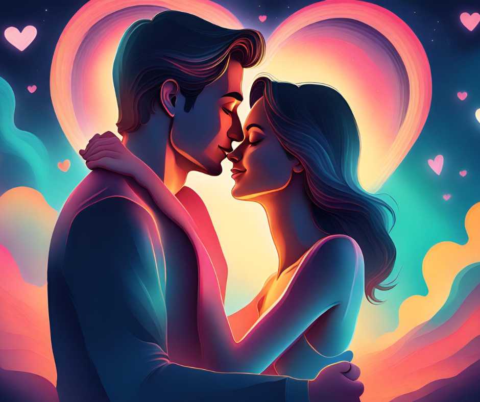 Legszebb szerelmes szerelmes idézetek. Egy férfi és egy nő csókolózik egy virágokkal díszített szív alakú formában, amely egy nagy, piros szív mögött áll.