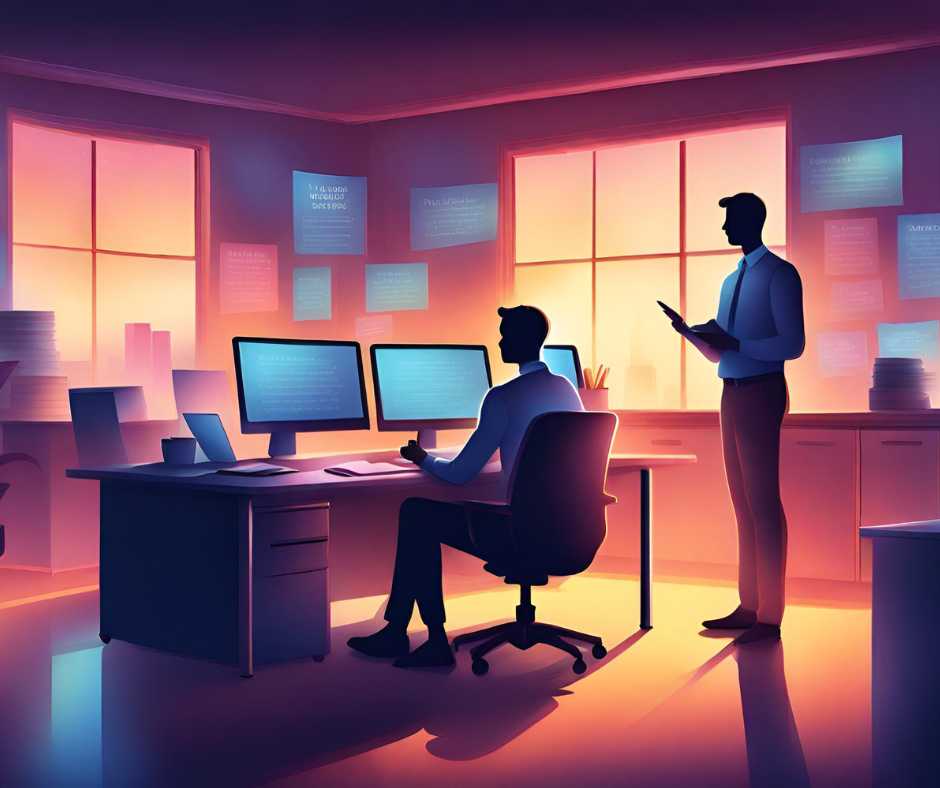 Munkahelyi idézetek munkatársaknak. Két férfi, egy ülő és egy álló, egy irodában beszélget. Az ülő férfi egy számítógép monitorok előtt ül, míg az álló férfi az ablaknál áll, amelyen keresztül ellenfény látható.