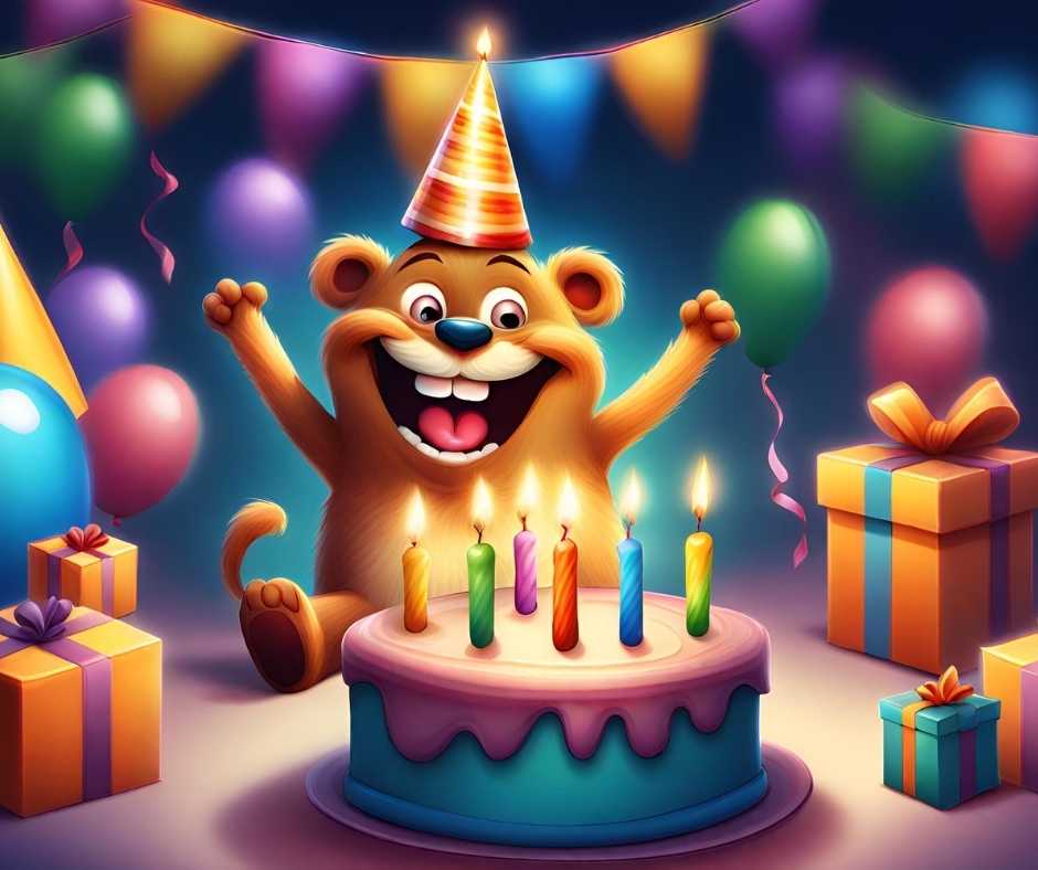 Pasiknak születésnapi köszöntők férfiaknak. Egy barna medve ünnepli a születésnapját egy tortával. A medve egy rózsaszín partykalapot visel, és mosolyog. A torta fehér, és rajta egy nagy rózsaszín "HAPPY" felirat látható. A kép egy boldog és vidám hangulatot közvetít.
