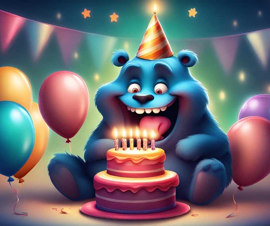 Születésnapi köszöntő férfiaknak facebookra. Egy kék medve egy születésnapi tortával, amelyen hat gyertya éget, és az "Örömmel köszöntjük P.B.P.J.-t!" felirat olvasható.