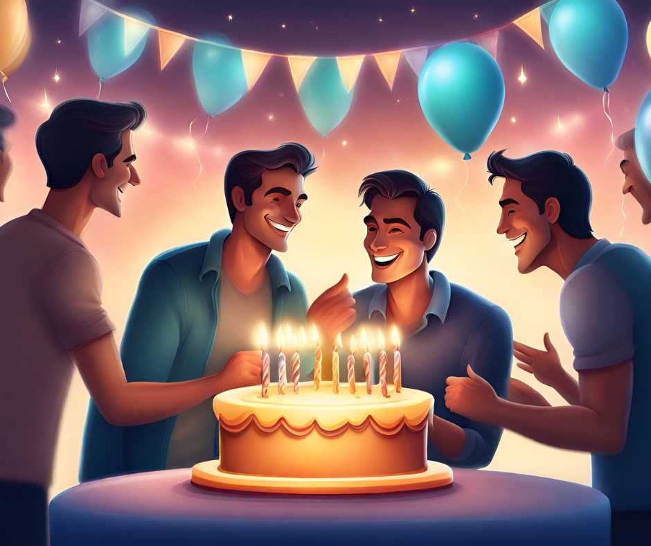 Születésnapi köszöntő. Két férfi ünnepel egy férfi születésnapját. A férfiak együtt dolgoznak a gyertyák eloltásában.