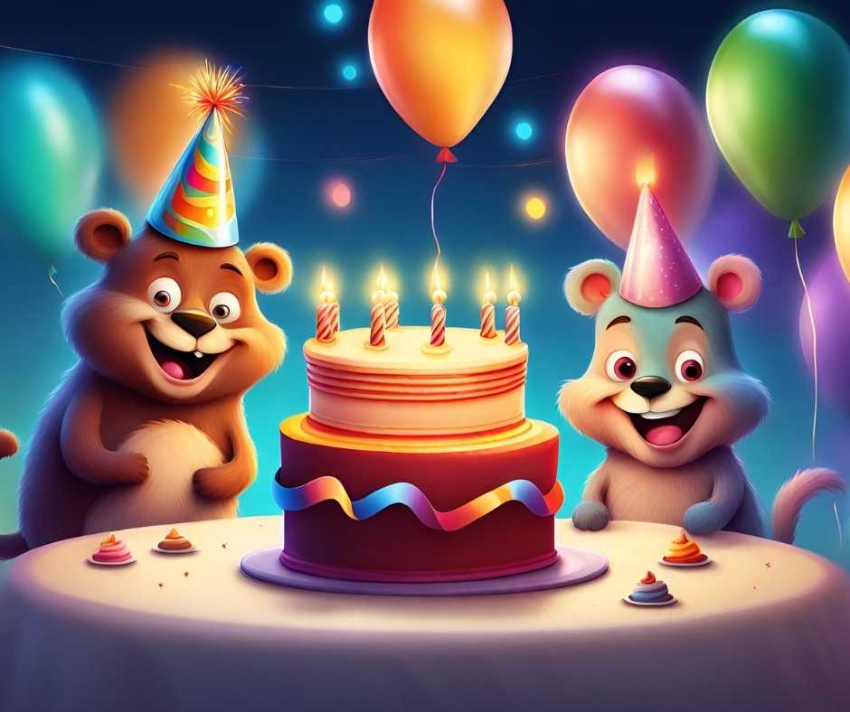 Születésnapi köszöntő. Egy barátságos medve család ül egy asztalnál egy születésnapi tortával. A medvék egy barna, egy fekete és egy szürke. A torta fehér, és piros, rózsaszín és kék gyertyák égnek rajta. A medvék mosolyognak és boldogoknak tűnnek.