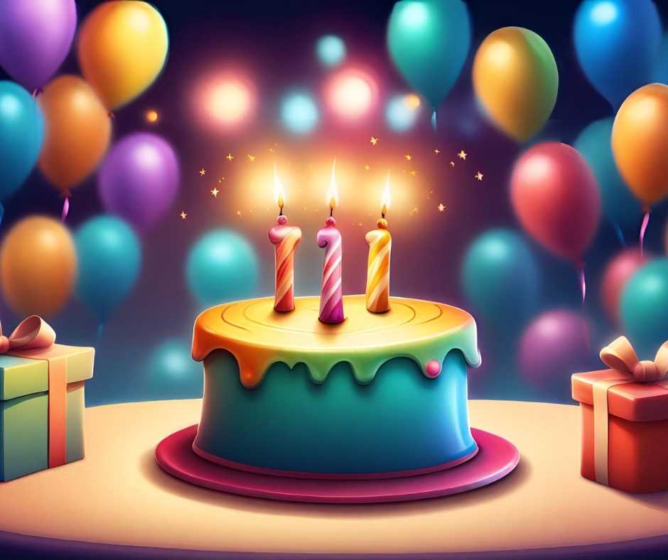 Születésnapi köszöntő nőknek.Egy különleges születésnapi torta egyedi díszítéssel. A torta fehér, és piros, rózsaszín és kék gyertyák égnek rajta. A torta körül számos lufi található, és a közepén egy 111-es szám látható. A torta valószínűleg egy különleges alkalmat, például egy 111. születésnapot vagy egy 111. évfordulót ünnepel.