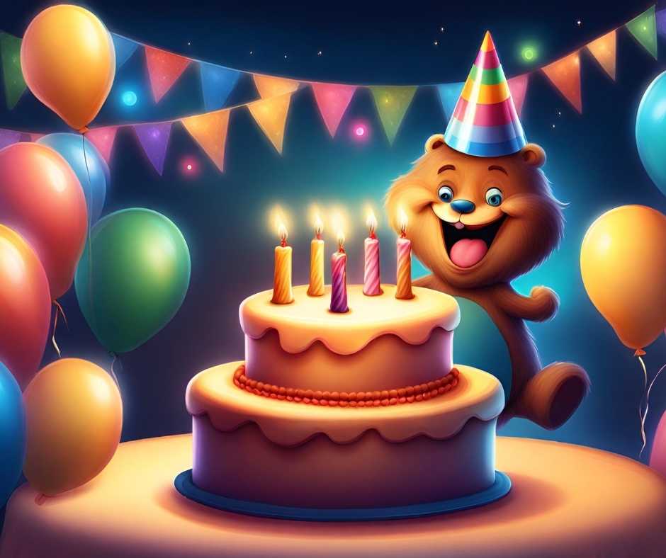 Születésnapi köszöntők facebookra. Egy barna medve boldog születésnapot kíván egy tortával az erdőben. A medve egy rózsaszín partykalapot visel, és mosolyog. A torta fehér, és rajta egy nagy rózsaszín "HAPPY" felirat látható. A kép egy pozitív és örömteli hangulatot közvetít.