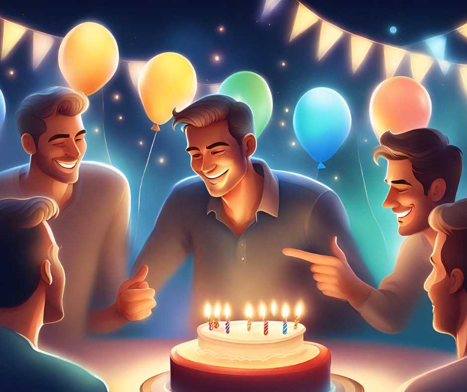 Születésnapi köszöntők férfiaknak. Egy férfitársaság egy születésnapi partin ünnepel. A férfiak egy asztal körül ülve tartják a tortát, amely kétszintes, és színes gyertyákkal van díszítve. A férfiak közül néhányan mosolyognak, míg mások komolyak.