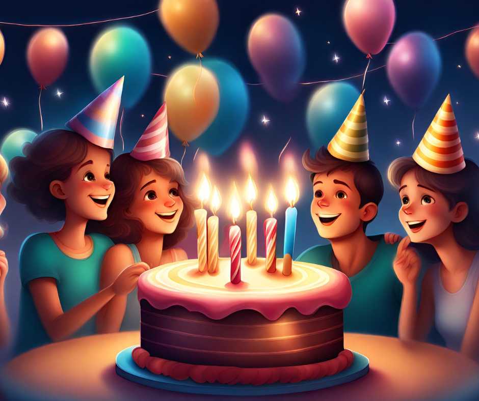 Szülinapi kép. A képen egy gyerekek látható, akik egy rózsaszínű torta mellett állnak. A torta mellett ajándékok és lufikat láthatunk. A kép egy születésnapi ünnepséget örökít meg.