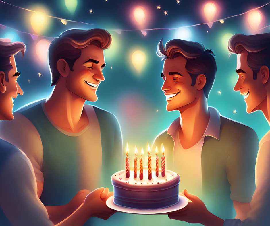 Szülinapi képek férfiaknak. A fotón három férfi látható, akik egy születésnapi tortát tartanak. A férfiak különböző korúak és etnikai háttérrel rendelkeznek. A torta kétszintes, és színes gyertyákkal van díszítve. A férfiak mindannyian mosolyognak, és a torta előtt állnak.A kép alapján arra lehet következtetni, hogy a férfiak egy baráti társaságból valók, és egy születésnapi ünnepségen vesznek részt. A férfiak különböző korúak és etnikai háttérrel rendelkeznek, ami arra utalhat, hogy a barátság és a sokszínűség fontos számukra. A férfiak mosolya pedig azt mutatja, hogy élvezik az ünneplést.