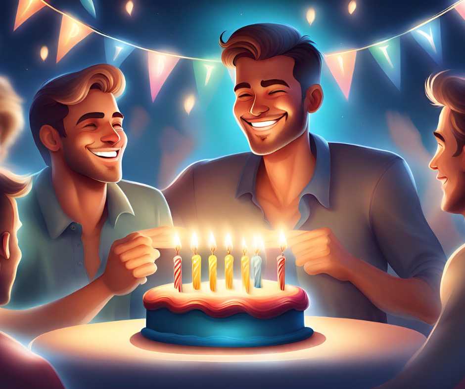 Szülinapi köszöntő férfiaknak. A képen egy csoport férfi látható, akik egy születésnapi tortát ülnek körül. A férfiak különböző korúak és különböző öltözetben vannak. A torta fehér, és rajta van néhány színes gyertya. A férfiak arca mosolyog, és úgy tűnik, hogy jól érzik magukat.