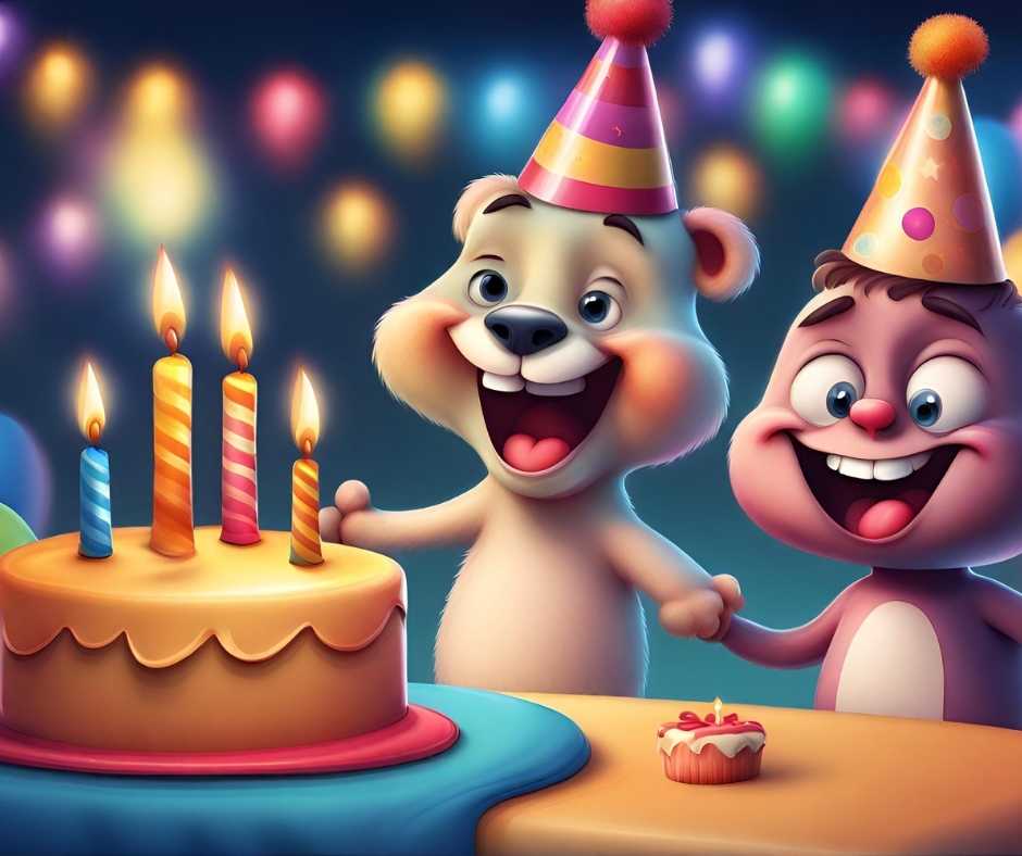 Szülinapi köszöntő. Két rajzolt barna medve áll egy születésnapi tortával körülvéve, amelyen hat gyertya ég, és az "Örömmel köszöntjük P.B.P.J.-t!" felirat olvasható. A medvék különböző méretűek, mindegyikükön van egy kis kalap.