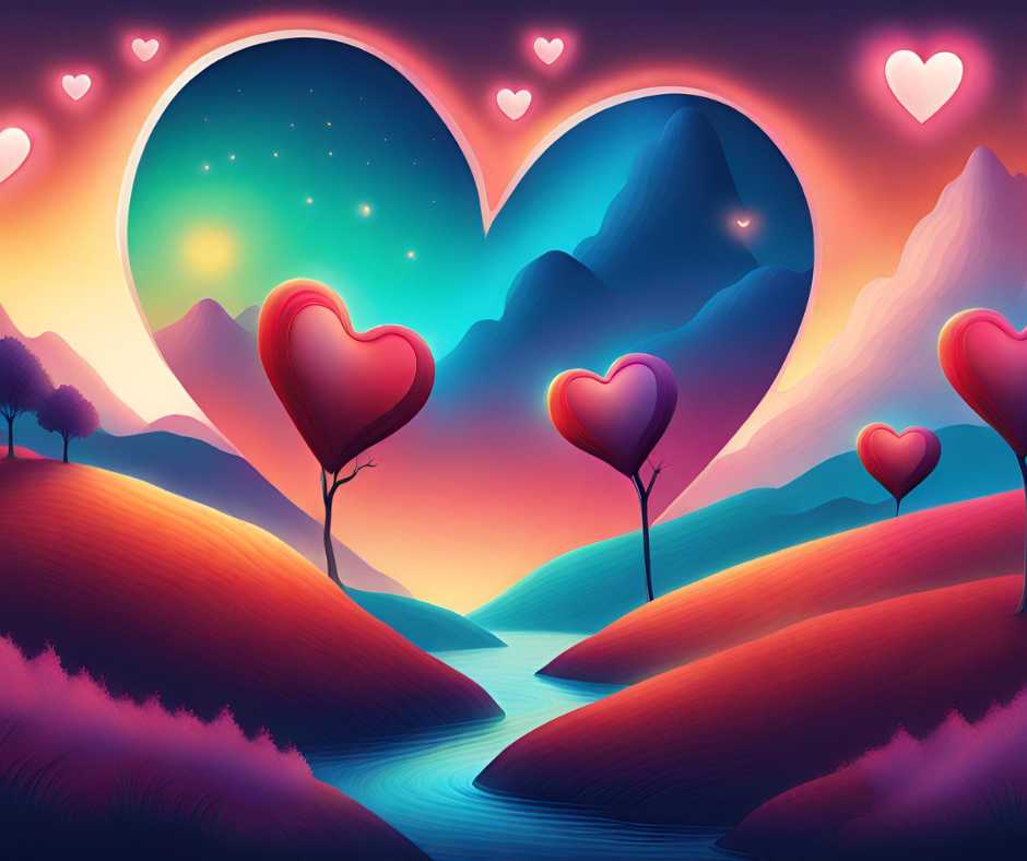 Te vagy a legfontosabb idézet. Egy digitális festmény, amely egy szív alakú tájat ábrázol.