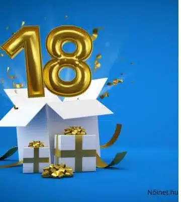 Ez a kép egy kék háttér előtt elhelyezett ajándékokat ábrázol, amelyek közül az egyik doboz nyitva van, és egy arany "18" számot tartalmaz. Az ajándékok arany szalaggal vannak átkötve, és a háttér kék színű, ünnepi hangulatot sugall.