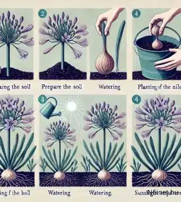 Ez a kép egy illusztrációt ábrázol, amely lépésről lépésre bemutatja a szerelemvirág ültetését és gondozását. A folyamat az ültetéstől a virágzásig tart, és minden lépéshez egy-egy rajz kapcsolódik. Az első lépés a talaj előkészítése, majd az öntözés, az ültetési folyamat, a bimbók növekedése és végül a virágok kinyílása következik. A képek színesek és részletesek, egyszerűvé és érthetővé téve a gondozási útmutatót.