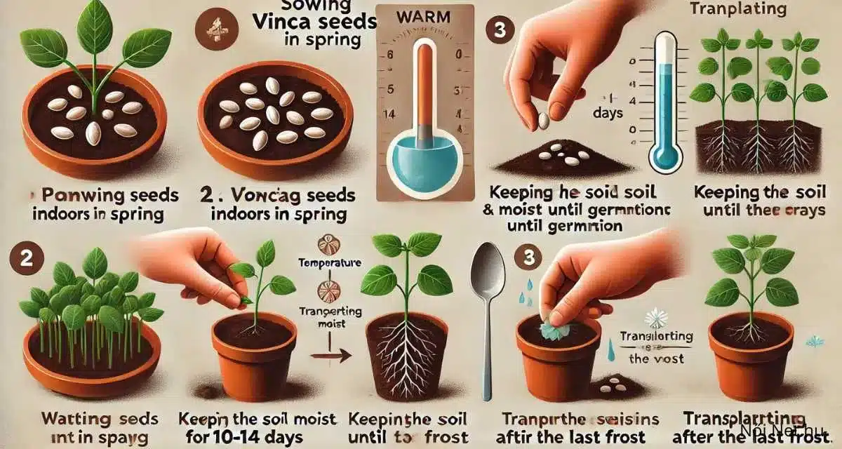 Ez a kép egy részletes útmutatót ábrázol a Vinca virág magvak elültetéséhez és neveléséhez. A kép több szakaszra van osztva, amelyek a következő lépéseket mutatják be: Magvetés tavasz elején: A magokat egy kis tálba helyezik, amelynek talaja meleg. Csírázás és fiatal növények gondozása: A magok csírázása után a fiatal növényeket egy másik cserépbe helyezik, ahol nedvesen tartják a talajt, és biztosítják a megfelelő hőmérsékletet. Átültetés és gondozás: A fiatal növényeket átültetik, és továbbra is nedvesen tartják a talajt, amíg el nem érik a megfelelő méretet a végső ültetéshez.