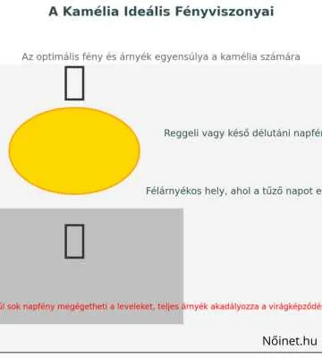 Az infógrafika egyensúlyt ábrázol a megfelelő fény és árnyék között, hangsúlyozva a kamélia optimális növekedési feltételeit.