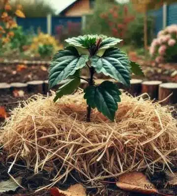 Mocsári hibiszkusz mulcsozása ősszel, szalma és fakéreg használatával. Őszi kert, száraz falevelek a talajon.