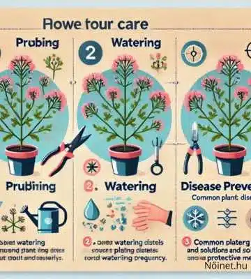 Infografika a törökszegfű (Armeria barbatus) gondozásáról: metszés, öntözés és betegségek elleni védekezés lépései.